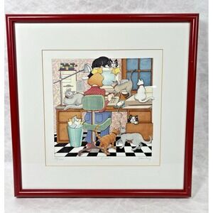 Frances‎ Greenberg "E-Mail" Cat Art Print Signed 50/500 Framed 14x14 Limited Ed